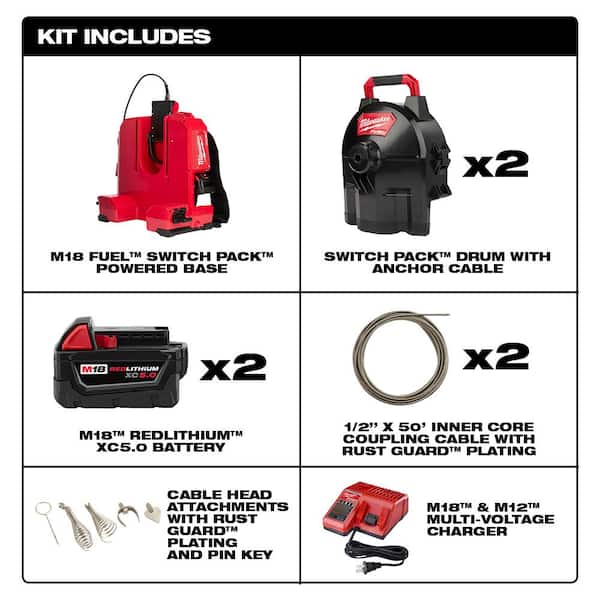 M18 FUEL 18-Volt Lithium-Ion Cordless Drain Cleaning 1/2 in. SwitchPack Sectional Drum System Kit with FORGE 5.0 Battery