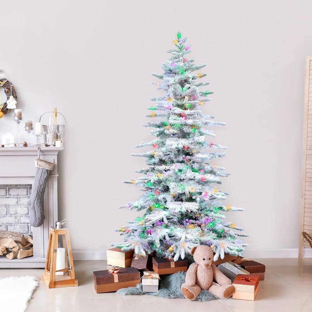 7.5-Ft Flocked Pine Artificial Christmas Tree with Multicolor LED Lights