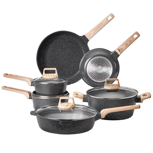 17 Piece Pots and Pans Set Nonstick, Granite Cookware Set, Induction Cookwares, Kitchen RV Cooking Sets, Black Aluminum