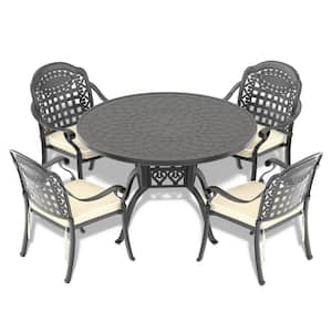 5-Piece Black Metal Outdoor Dining Set with Beige Cushions