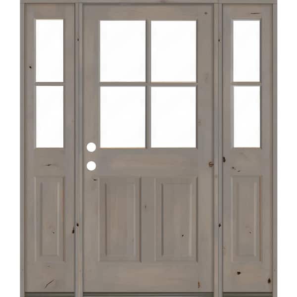 Krosswood Doors 64 in. x 80 in. Knotty Alder Right-Hand/Inswing 4-Lite Clear Glass Grey Stain Wood Prehung Front Door/Double Sidelite