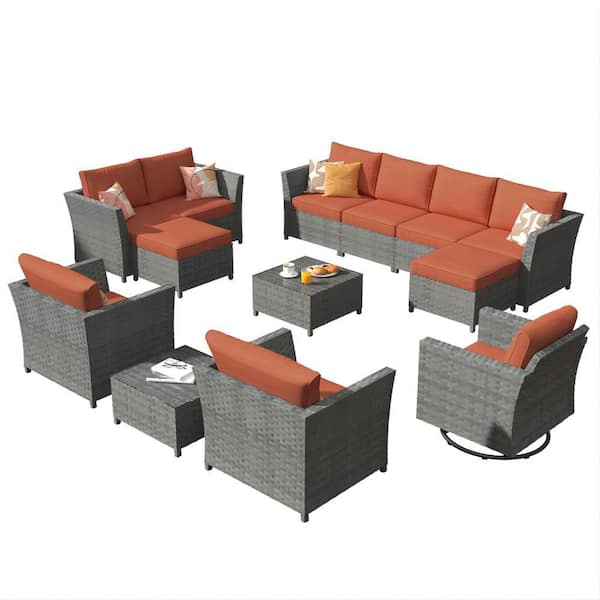 XIZZI Denali Gray 13-Piece Wicker Patio Conversation Sectional Sofa Set with Orange Red Cushions and Swivel Rocking Chair
