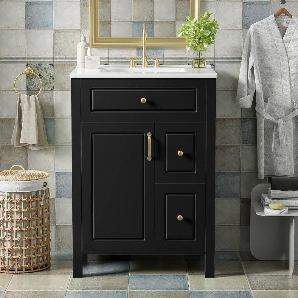 24 in. Single Sink Freestanding Black Solid Wood Frame Bath Vanity with White Ceramic Top price history on PriceWatchPro
