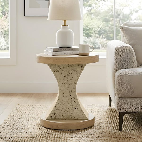 17.5 in. Sahara Oak Travertine Round Magnesium Oxide End Table