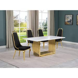 Lisa 5-Piece Rectangular White Marble Top Gold Chrome Base Dining Set with Black Velvet Chairs Seats 4.