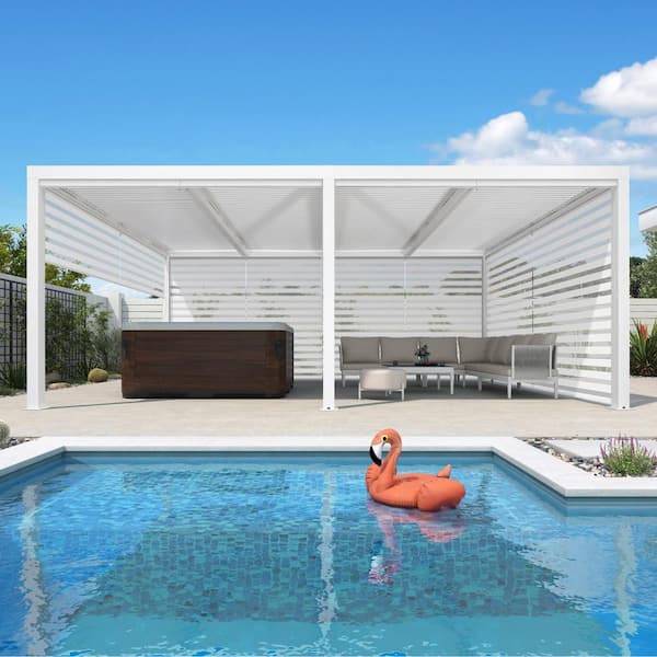 PURPLE LEAF 12 ft. x 20 ft. White Aluminum Louvered Pergola with Adjustable Rainproof Roof and 1-Long 2-Short Side Roller Shade