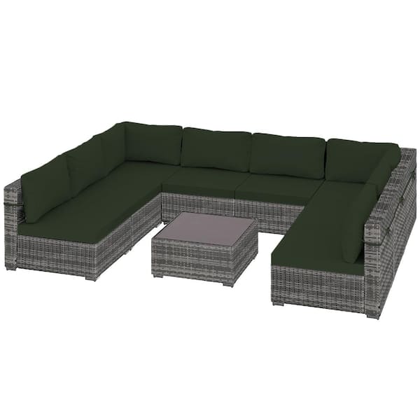 PATIOGUARDER 9-Piece Gray Wicker Patio Conversation Set with Pine Green Cushions and Coffee Table