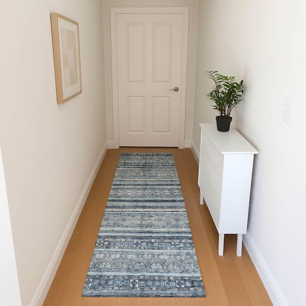 Mayfield Premium Machine Washable Abstract AMF1653 Blue 2 ft. 3 in. x 7 ft. 6 in. Runner Rug