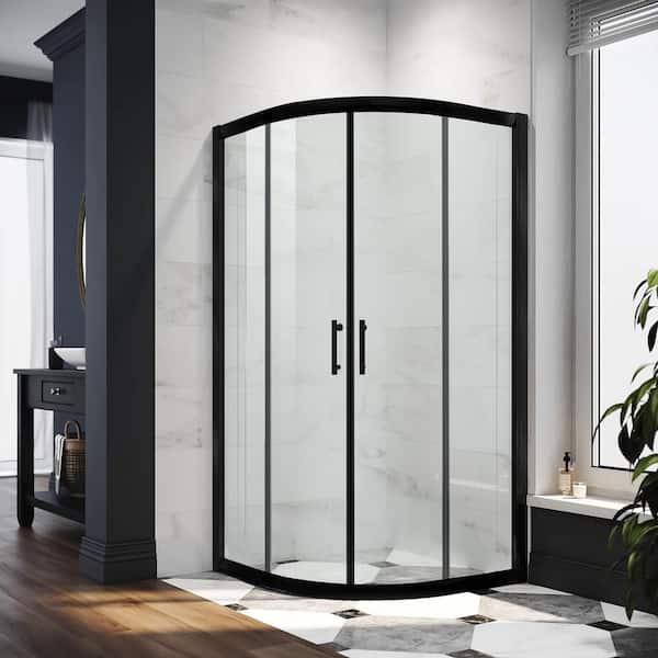 38 in. W x 72 in. H Round Framed Double Sliding Corner Shower Enclosure in Matte Black Finish