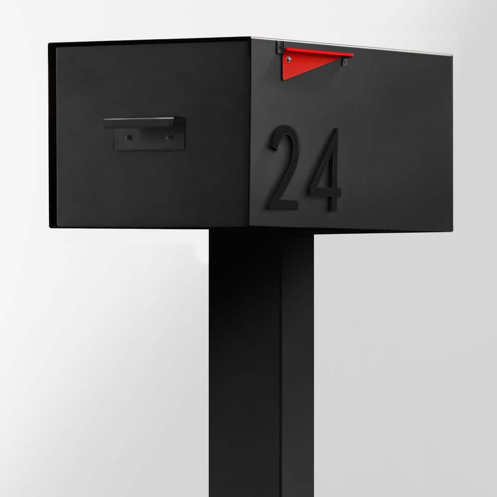 Large Black Steel Post-Mounted Mailbox with Brass Numbers
