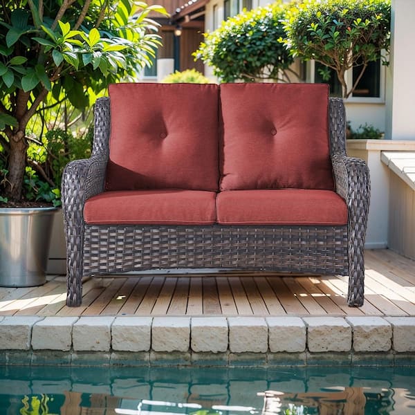 2-Seat Wicker Outdoor Loveseat Sofa Patio with Cushion Guard Cushions Brown/Red