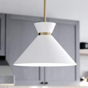 Racine 1-Light Matte White and Gold Natural Brass Mid-Century Modern Bowtie Pendant Light Fixture, LED Compatible