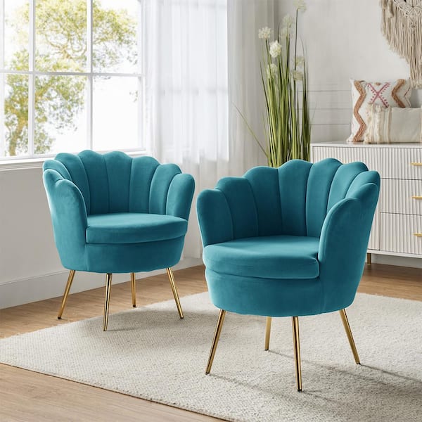 Fidelia Golden Legs Blue Tufted Barrel Chair with Scalloped Seashell Edges (Set of 2)