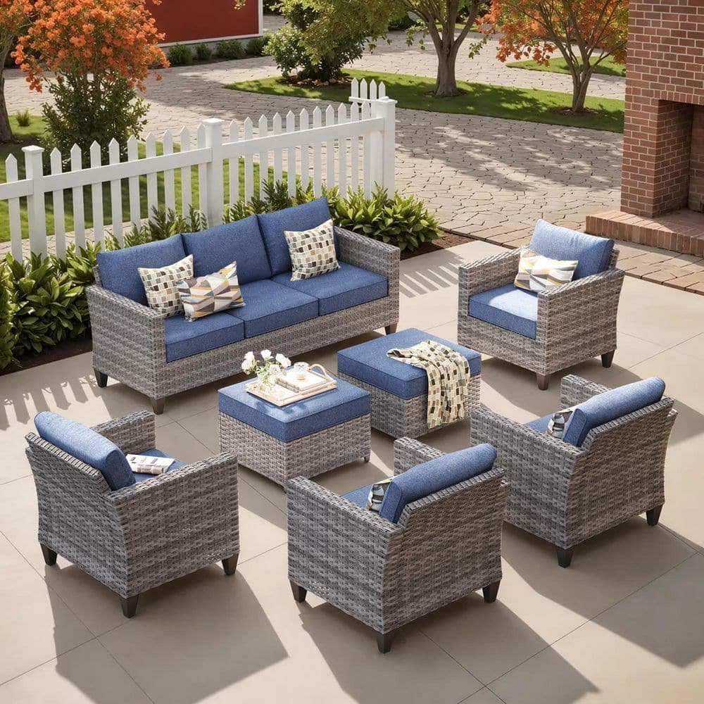 Camden 7-Piece Gray Wicker Outdoor Patio Furniture Patio Conversation Seating Set with Denim Blue Cushion and Ottoman price history on PriceWatchPro