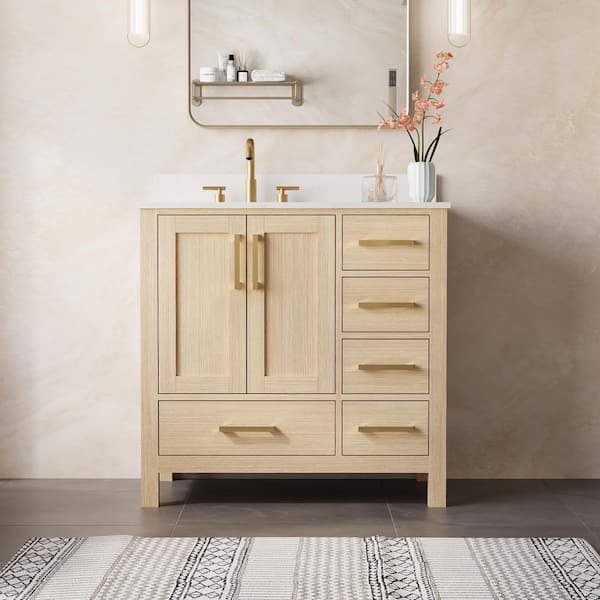 OSLA 36 in. Solid Wood Fully Assembled Freestanding Oak Bath Vanity with Carrara White Cultured Marble Top,Soft-Close