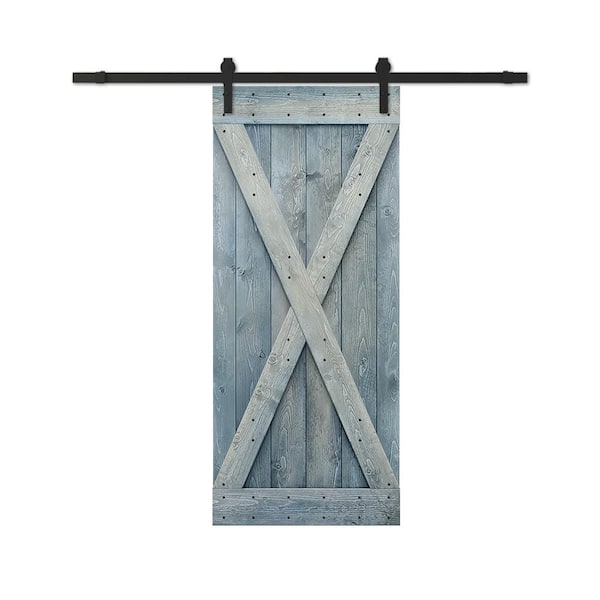 CALHOME 26 in. x 84 in. Denim Blue Stained DIY Wood Interior Sliding Barn Door with Hardware Kit