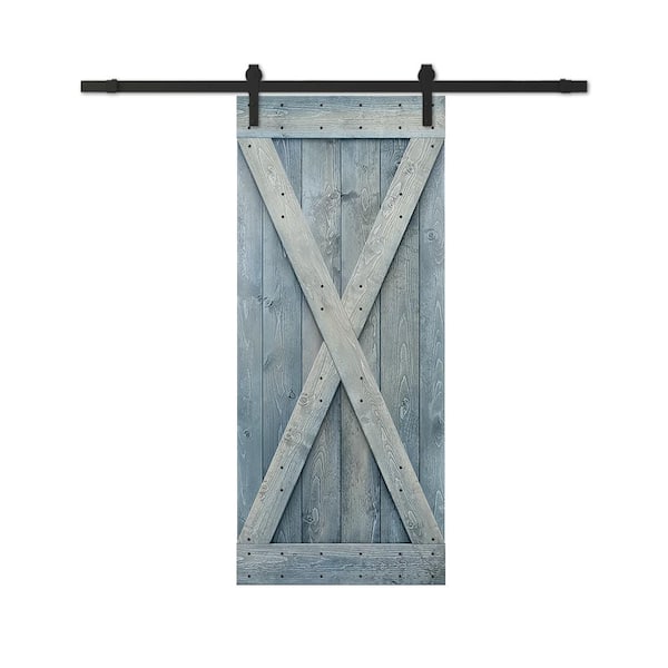 CALHOME 28 in. x 84 in. Denim Blue Stained DIY Wood Interior Sliding Barn Door with Hardware Kit