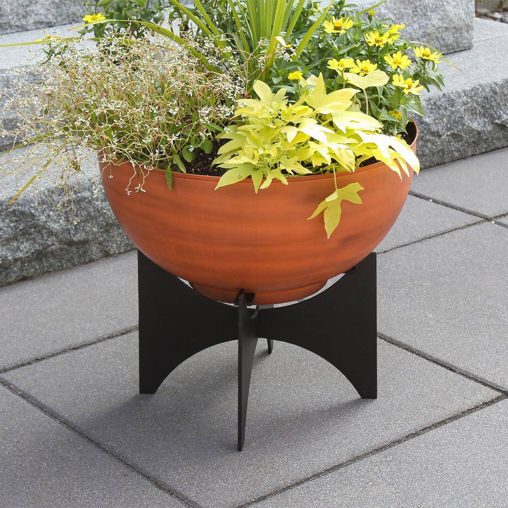 Burnt Sienna Galvanized Steel Planter Bowl with Black Iron Stand