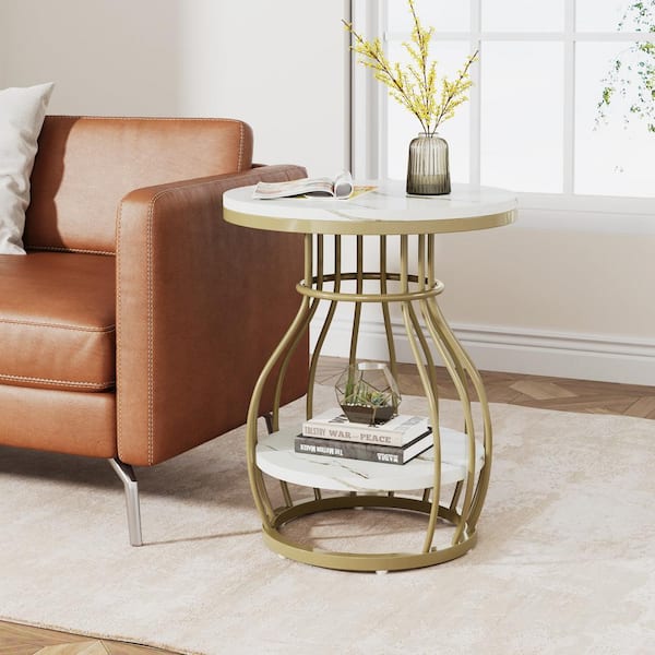 TRIBESIGNS WAY TO ORIGIN Andrea 19.7 in. White Faux Marble Round Wood End Table with Storage Shelf, Modern Sofa Side Table with Metal Base