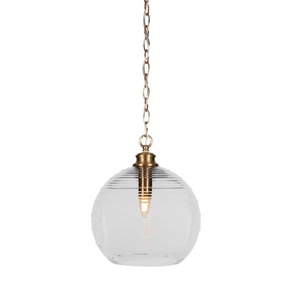 Unbranded Langdale 60-Watt 1-Light New Age Brass Shaded Pendant Light with 12 in. Clear Ribbed Glass Shade, No Bulb Included