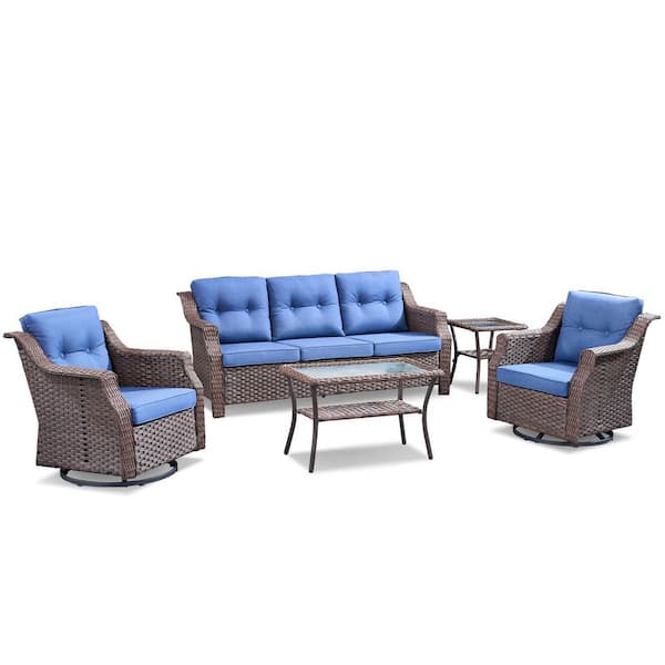 5-Piece Outdoor Wicker Chair Patio Conversation Set with Blue Cushions