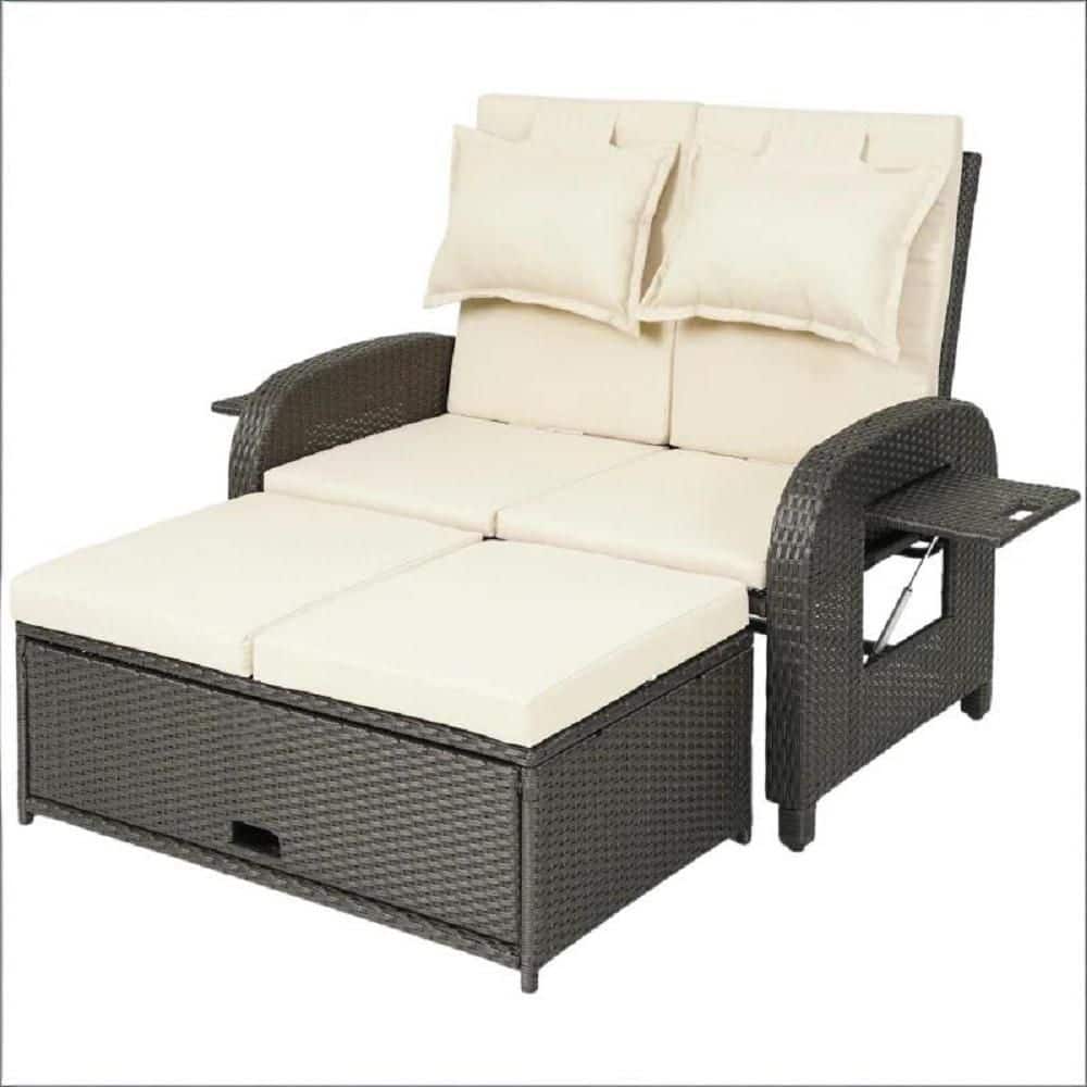Gray Wicker Outdoor Day bed with Beige Cushions, Backrest Loveseat, 3-in-1 Convertible Design Reclining Sofa price history on PriceWatchPro