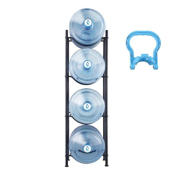 4-Tiers Water Jug Holder, 5-Gallon Water Bottle Holder, Single Row Water Bottle Rack for 4-Bottles, Heavy Duty, Black