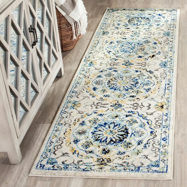 Evoke Ivory/Blue 2 ft. x 7 ft. Floral Border Circles Runner Rug