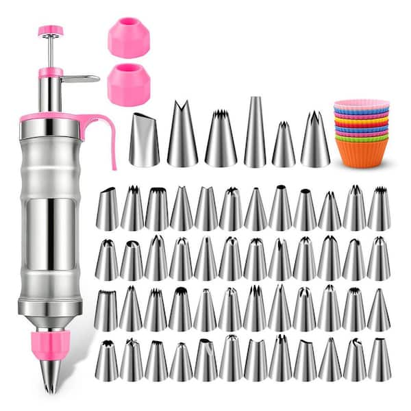 66-Piece Stainless Steel Cake Decorating Kit with 54-Piping Tips, 9-Silicone Cupcakes, and Frosting Gun