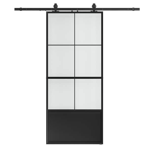 SOCBAZZAR 30 in. W. x 84 in. 3/4-lite Tempered Frosted Glass Black Steel Frame Sliding Barn Door with Soft Close and Hardware kit