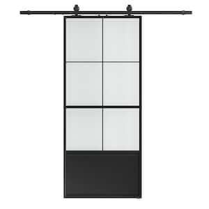 32 in. x 84 in. 3/4-Lite Frosted Glass Black Steel Frame Interior Sliding Barn Door with Hardware Kit and Soft Close