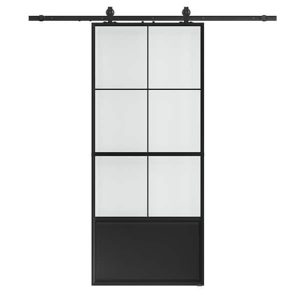 SOCBAZZAR 32 in. x 84 in. 3/4-Lite Frosted Glass Black Steel Frame Interior Sliding Barn Door with Hardware Kit and Soft Close