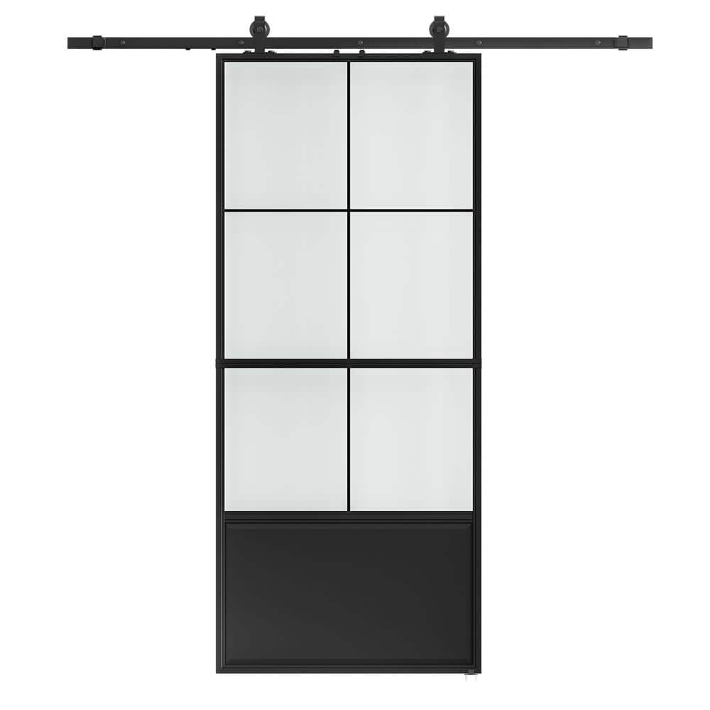 36 in. x 84 in. 3/4-Lite Tempered Frosted Glass Black Steel Frame Interior 