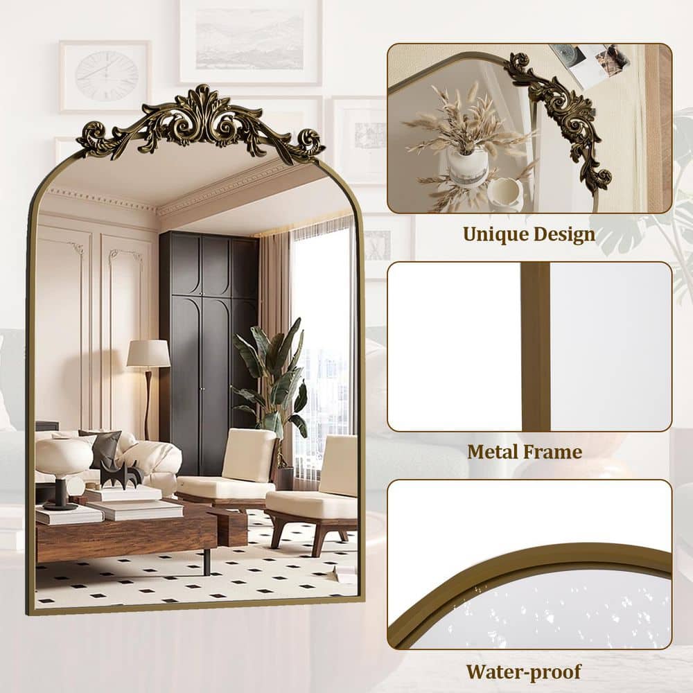 Elegant Arched Medium Brown Metal Framed Vanity Mirror
