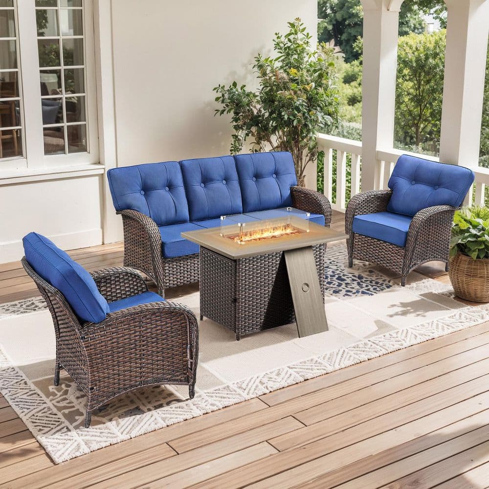T-Frame 4-Piece Brown Wicker Fire Pit Conversation Set with 5 in. Blue Cushions Patio Lounge Chair for Balcony price history on PriceWatchPro