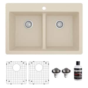 QT-810 Quartz/Granite 33 in. Double Bowl 50/50 Top Mount Drop-in Kitchen Sink in Bisque with Bottom Grid and Strainer