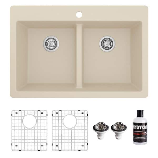 Karran QT-810 Quartz/Granite 33 in. Double Bowl 50/50 Top Mount Drop-in Kitchen Sink in Bisque with Bottom Grid and Strainer