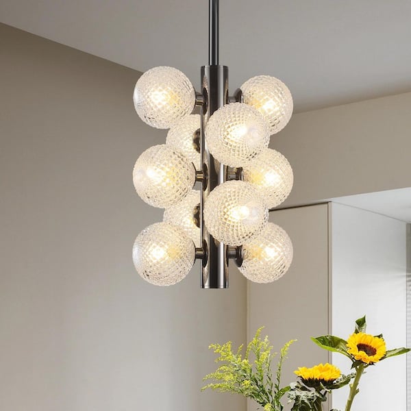 PAKOKULA Modern 10-Light Black Sputnik Chandelier with Swirled-Glass Orb Cluster Bubble Ribbed Glass for Living Room