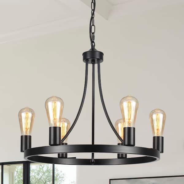 LWYTJO Romyn 6 Light Farmhouse Candle Style Black Wagon Wheel Chandelier for Kitchen Island Dining Room Living Room Foyer