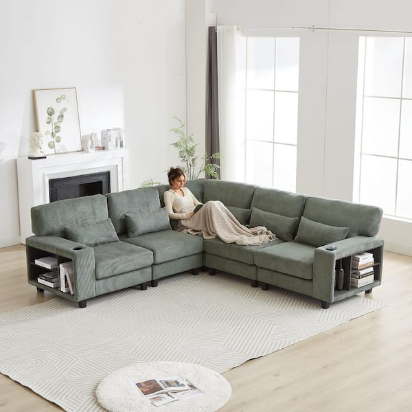 102.75 x 102.75 in. L-Shaped Modular Corduroy 5-Seat Convertible Sectional Sofa in Green with Arm Storage, Cup Holder