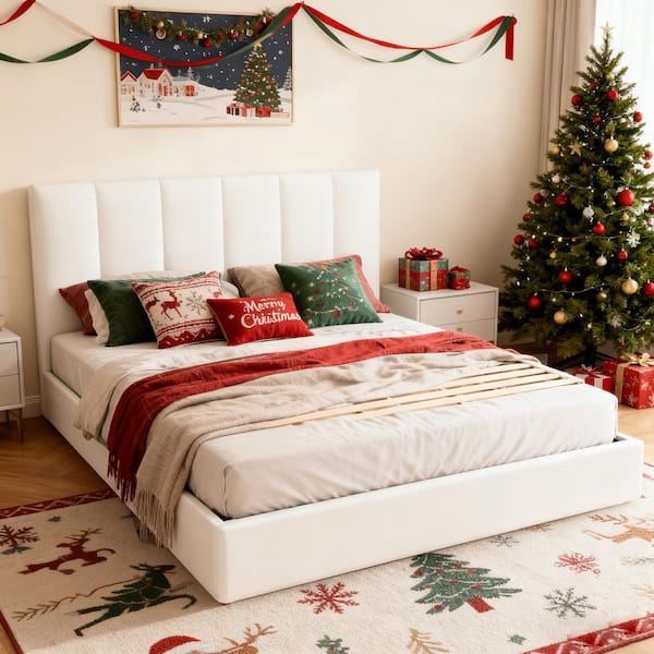 Ahokua White Plywood Frame King Size Linen Upholstered Platform Bed with Lifting Storage