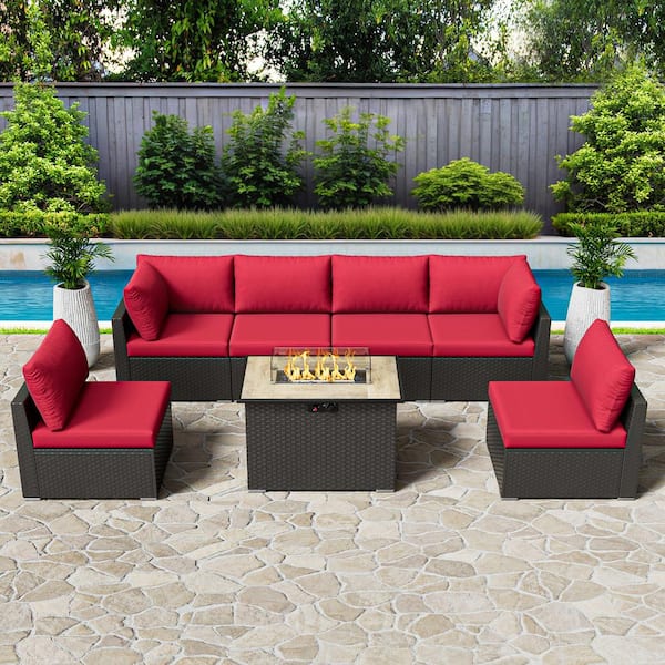eVita Rattan Wicker 7-Piece Outdoor Patio Propane Fire Pit Furniture Set with Red Cushions