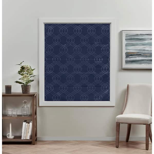 Prague Trellis Navy Cordless Total Blackout Polyester Roman Shade 27 in. W x 64 in. L