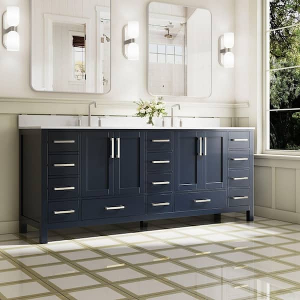OSA 84 in. W Wood Freestanding Soft Close Navy Blue Bath Vanity with White Cultured Marble Top, Backsplash, Assembled