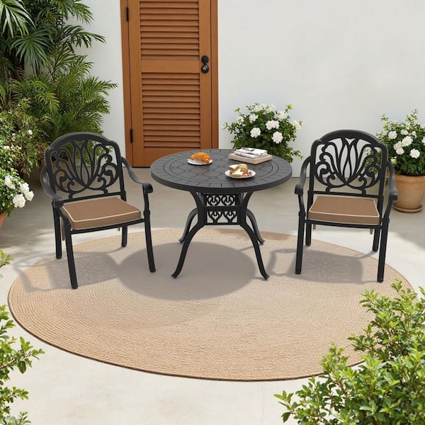 Elizabeth Black 3-Piece Cast Aluminum Outdoor Dining Set with Round Table, Dining Chairs and Brown Seat Cushion