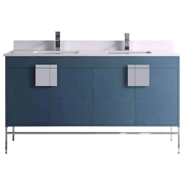 FINE FIXTURES 60 in. W x 20.47 in. D x 33.5 in. H Bath Vanity in French Blue with Phoenix Stone Vanity Top in White