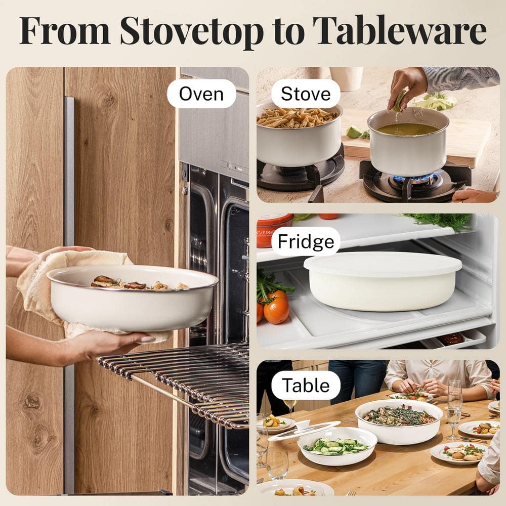 Cream 18-Piece Nonstick Aluminum Cookware Set with Detachable Handles