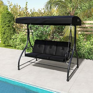 3-Person Metal Outdoor Converting Patio Swing Glider Adjustable Canopy Porch Swing Black