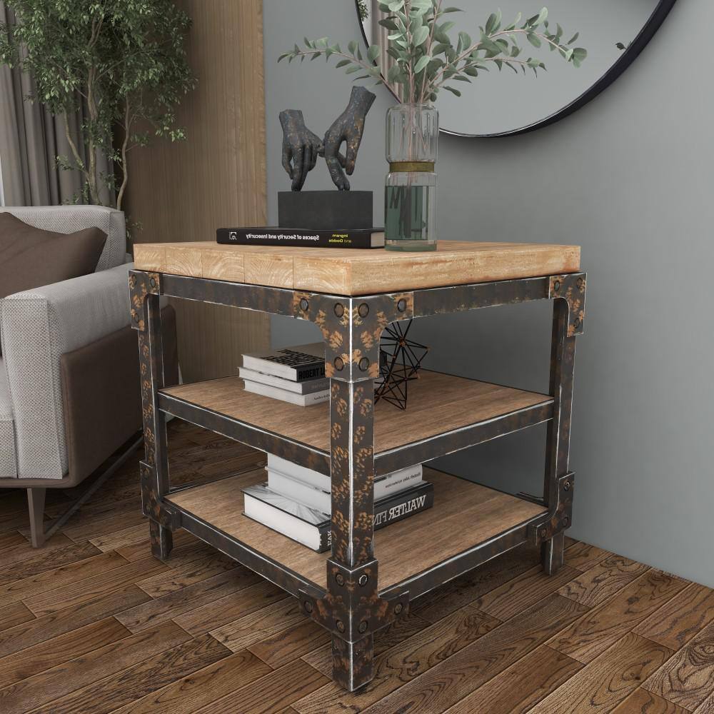 Industrial Brown Fir Wood and Metal 3-Tier Accent Table