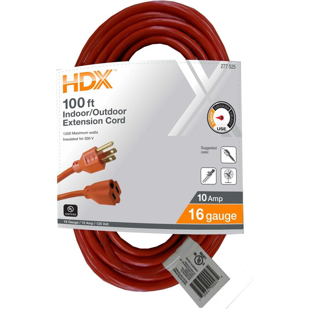 HDX 100 ft. 16/3 Light Duty Indoor/Outdoor Extension Cord, Orange HD#277-525 - The Home Depot